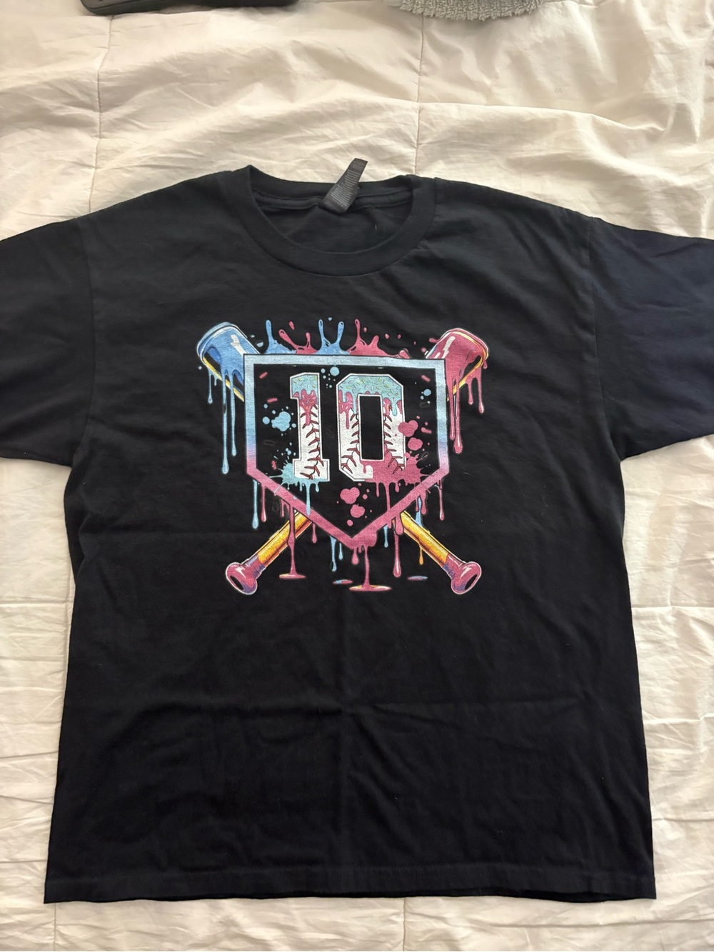 Gildan Black Tee with Pink & Blue Drip Baseball Graphic
